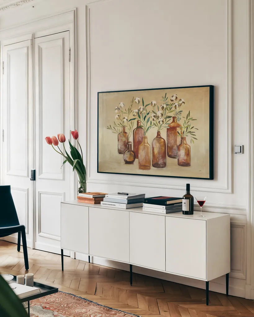Cotton Still Life I by Julia Purinton. shown as a framed stretched canvas in a living room above a console. Available as a archival giclee rolled canvas, fine art paper, or poster print. SKU 51540i.