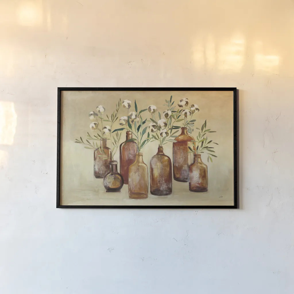 Cotton Still Life I by Julia Purinton. shown as a paper print in a black flame. Available as a archival giclee rolled canvas, fine art paper, or poster print. SKU 51540i.