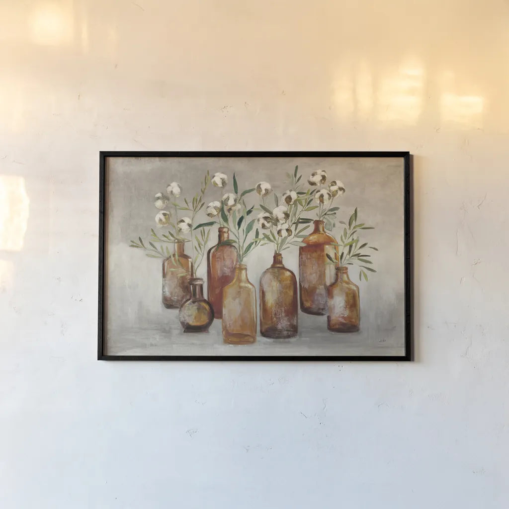 Cotton Still Life I Gray by Julia Purinton. shown as a paper print in a black flame. Available as a archival giclee rolled canvas, fine art paper, or poster print. SKU 61132i.