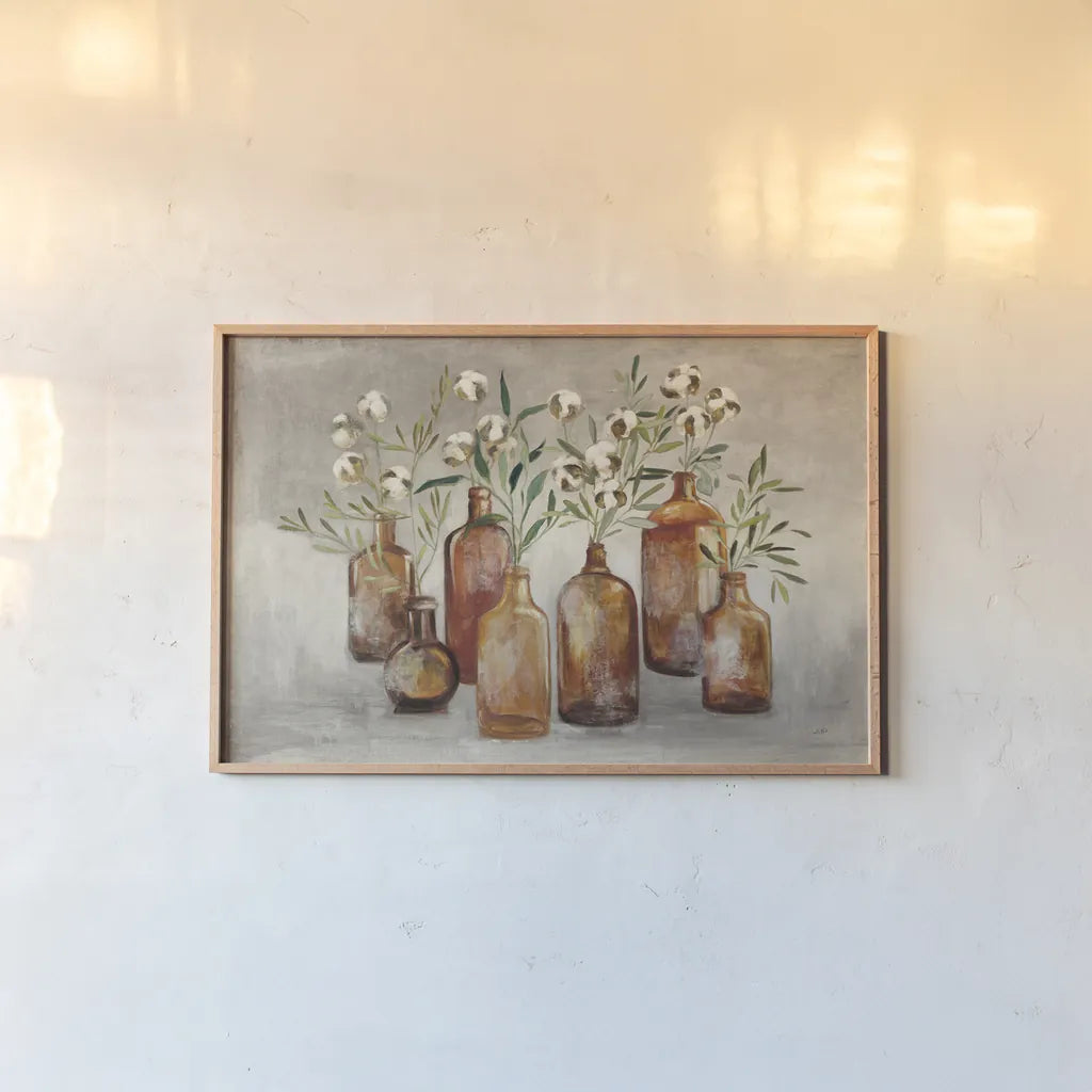 Cotton Still Life I Gray by Julia Purinton. shown as a paper print in a natural frame. Available as a archival giclee rolled canvas, fine art paper, or poster print. SKU 61132i.