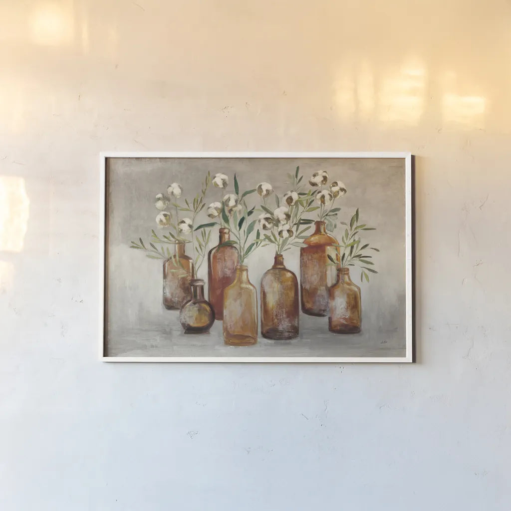 Cotton Still Life I Gray by Julia Purinton. shown as a paper print in a white frame. Available as a archival giclee rolled canvas, fine art paper, or poster print. SKU 61132i.