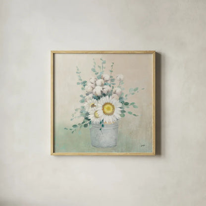 Country Centerpiece by Julia Purinton. Shown in a natural wood glass frame for a timeless modern aesthetic. Available as an archival giclee rolled canvas, fine art paper, or poster print. SKU 38370a.