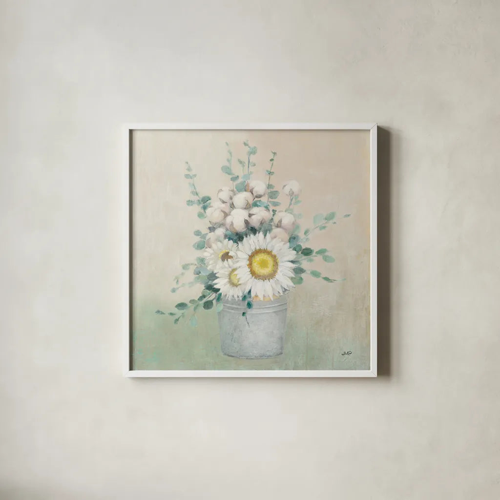 Country Centerpiece by Julia Purinton. Shown in a crisp white glass frame for a clean and minimalist style. Available as an archival giclee rolled canvas, fine art paper, or poster print. SKU 38370a.