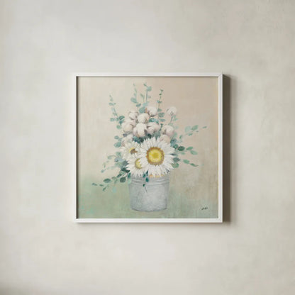 Country Centerpiece by Julia Purinton. Shown in a crisp white glass frame for a clean and minimalist style. Available as an archival giclee rolled canvas, fine art paper, or poster print. SKU 38370a.