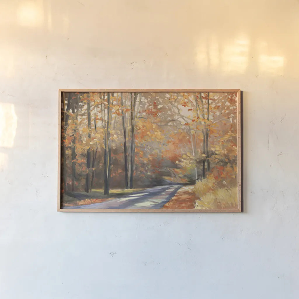 Country Road by Julia Purinton. shown as a paper print in a natural frame. Available as a archival giclee rolled canvas, fine art paper, or poster print. SKU 9222i.