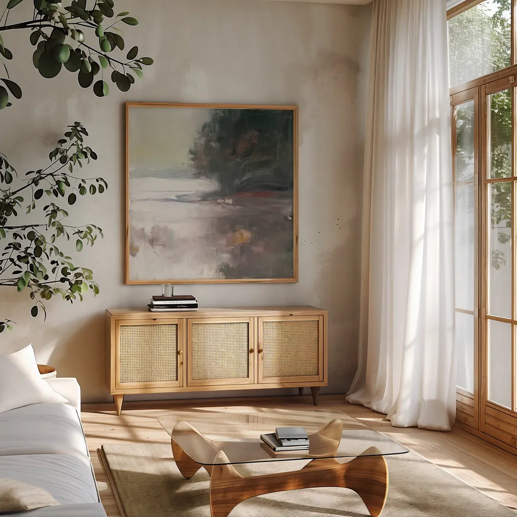 Cygnet by Julia Purinton. Shown in a natural wood frame in a cozy modern living room. Available as an archival giclee rolled canvas, fine art paper, or poster print. SKU 27870a.