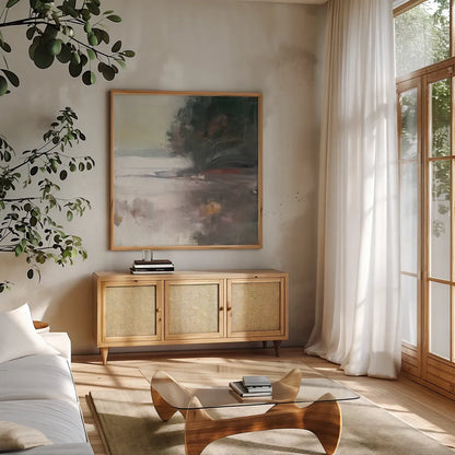 Cygnet by Julia Purinton. Shown in a natural wood frame in a cozy modern living room. Available as an archival giclee rolled canvas, fine art paper, or poster print. SKU 27870a.