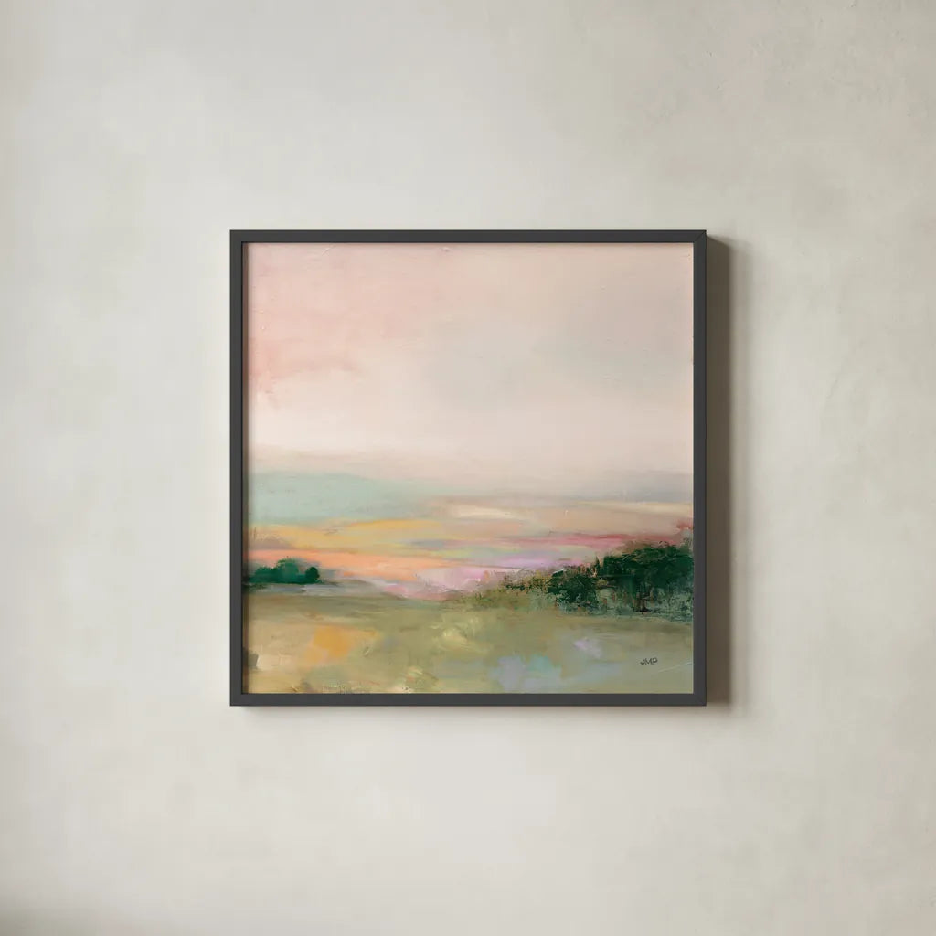 Dark Glowing Valley by Julia Purinton. Shown in a sleek black glass frame for a contemporary gallery look. Available as an archival giclee rolled canvas, fine art paper, or poster print. SKU 70442a.