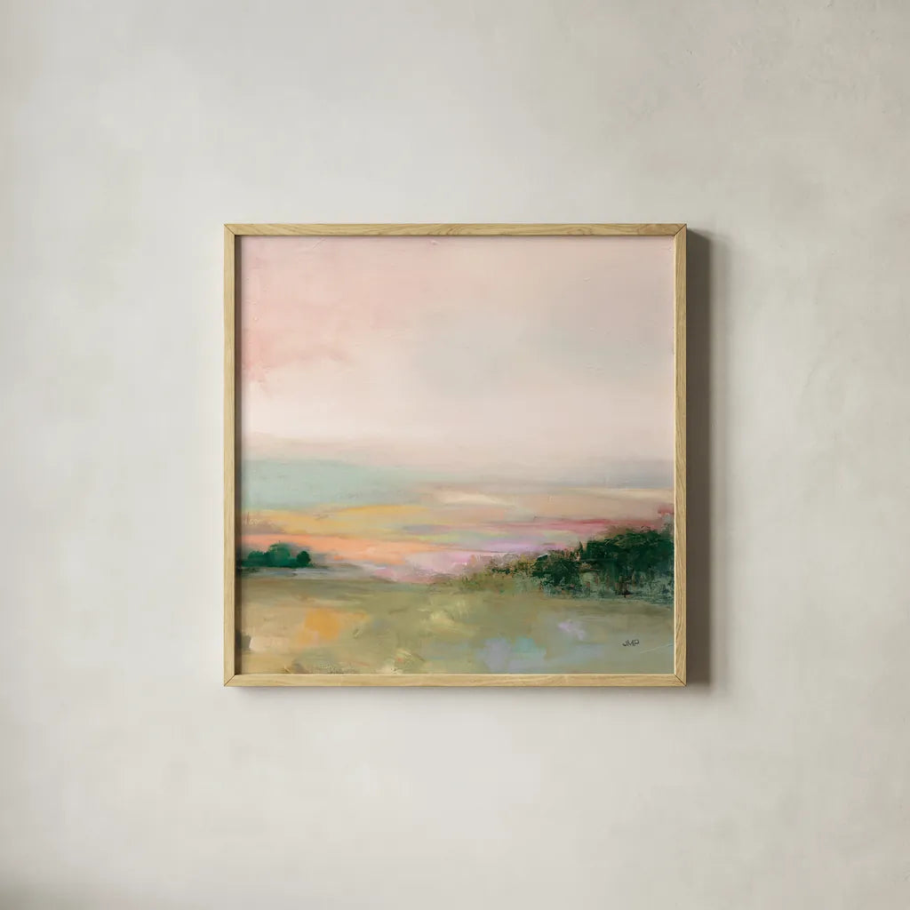Dark Glowing Valley by Julia Purinton. Shown in a natural wood glass frame for a timeless modern aesthetic. Available as an archival giclee rolled canvas, fine art paper, or poster print. SKU 70442a.