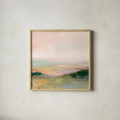 Dark Glowing Valley by Julia Purinton. Shown in a natural wood glass frame for a timeless modern aesthetic. Available as an archival giclee rolled canvas, fine art paper, or poster print. SKU 70442a.