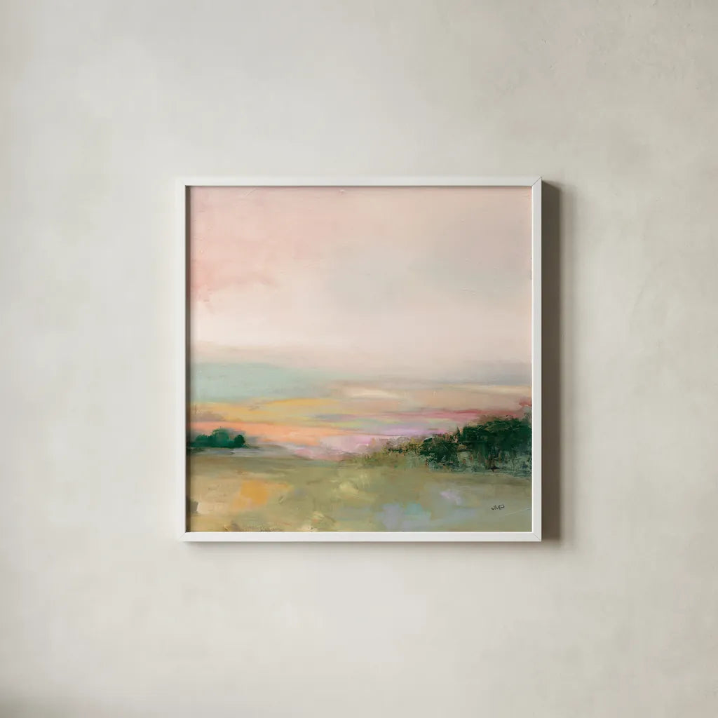 Dark Glowing Valley by Julia Purinton. Shown in a crisp white glass frame for a clean and minimalist style. Available as an archival giclee rolled canvas, fine art paper, or poster print. SKU 70442a.