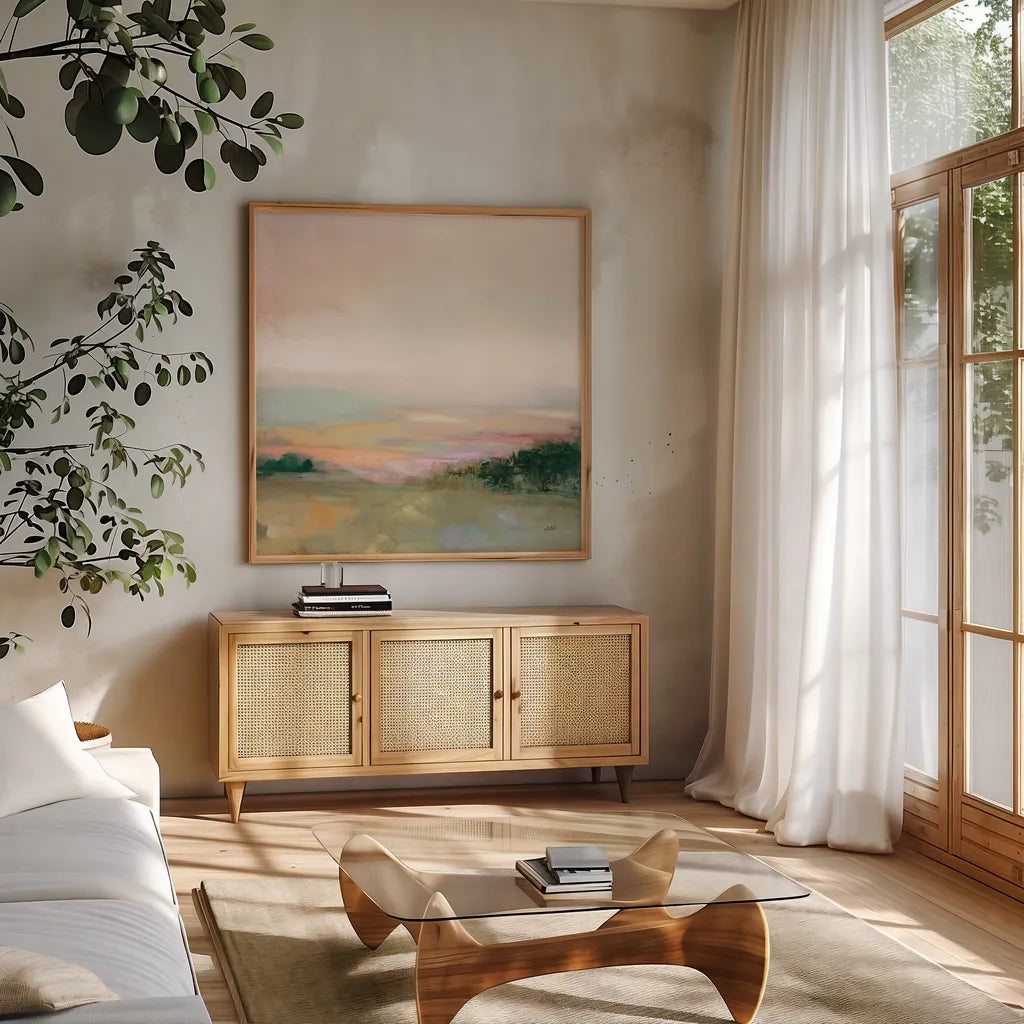 Dark Glowing Valley by Julia Purinton. Shown in a natural wood frame in a cozy modern living room. Available as an archival giclee rolled canvas, fine art paper, or poster print. SKU 70442a.