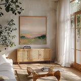 Dark Glowing Valley by Julia Purinton. Shown in a natural wood frame in a cozy modern living room. Available as an archival giclee rolled canvas, fine art paper, or poster print. SKU 70442a.