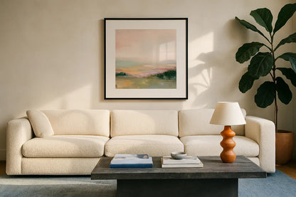 Dark Glowing Valley by Julia Purinton. Displayed in a glass frame with matte in a clean modern living room. Available as an archival giclee rolled canvas, fine art paper, or poster print. SKU 70442a.