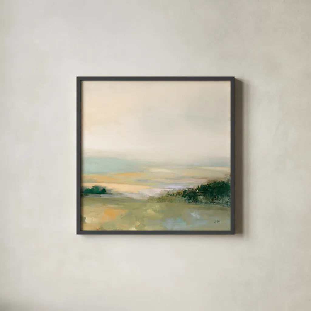 Dark Glowing Valley Neutral by Julia Purinton. Shown in a sleek black glass frame for a contemporary gallery look. Available as an archival giclee rolled canvas, fine art paper, or poster print. SKU 76432a.