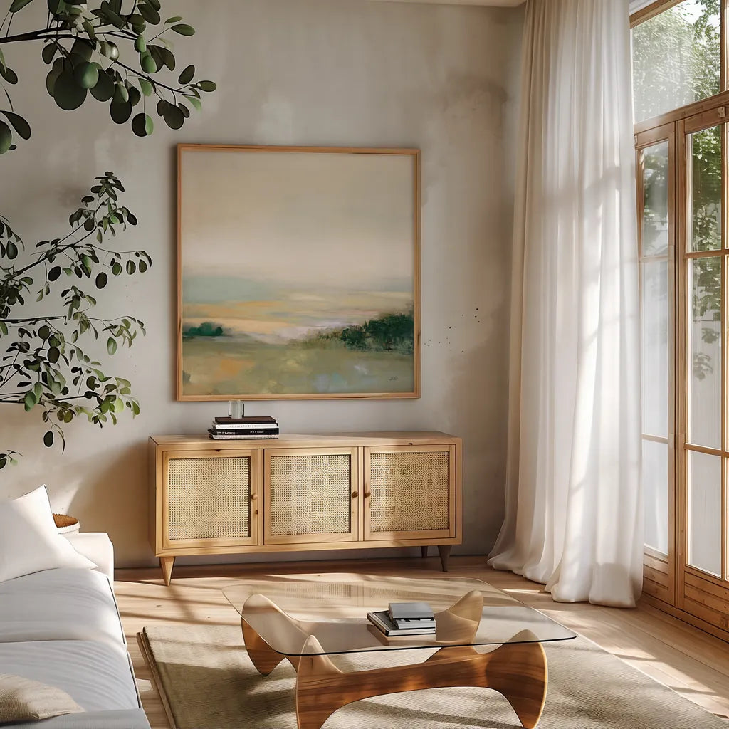 Dark Glowing Valley Neutral by Julia Purinton. Shown in a natural wood frame in a cozy modern living room. Available as an archival giclee rolled canvas, fine art paper, or poster print. SKU 76432a.