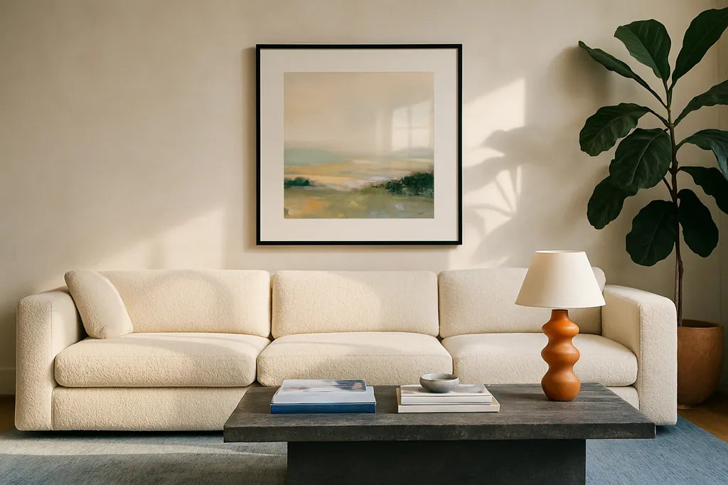 Dark Glowing Valley Neutral by Julia Purinton. Displayed in a glass frame with matte in a clean modern living room. Available as an archival giclee rolled canvas, fine art paper, or poster print. SKU 76432a.