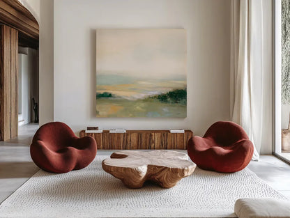 Dark Glowing Valley Neutral by Julia Purinton. Shown as extra-large giant wall art in a modern living room. Available as an archival giclee rolled canvas, fine art paper, or poster print. SKU 76432a.