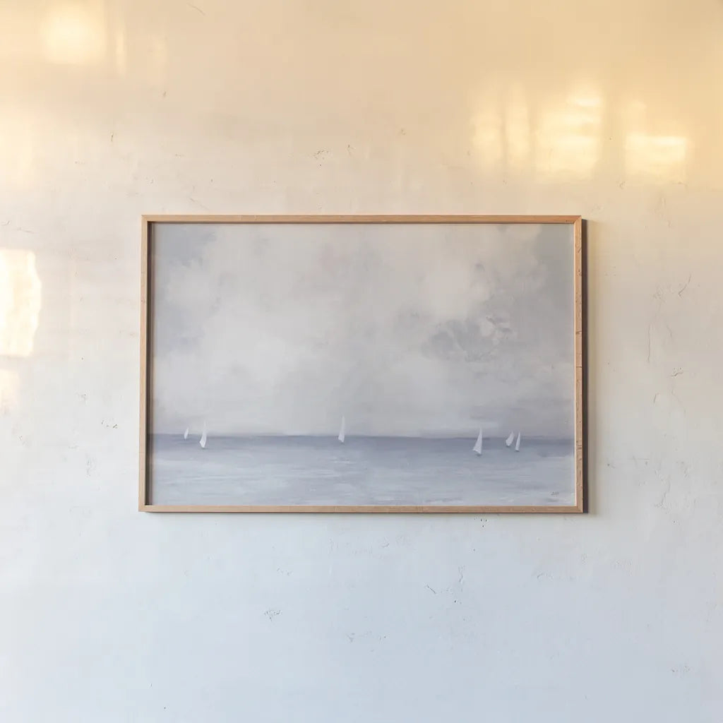 Dark Morning Sail by Julia Purinton. shown as a paper print in a natural frame. Available as a archival giclee rolled canvas, fine art paper, or poster print. SKU 77144i.
