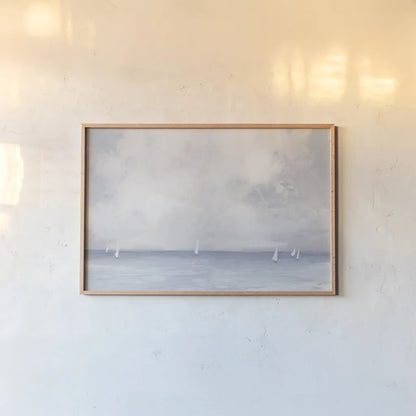 Dark Morning Sail by Julia Purinton. shown as a paper print in a natural frame. Available as a archival giclee rolled canvas, fine art paper, or poster print. SKU 77144i.