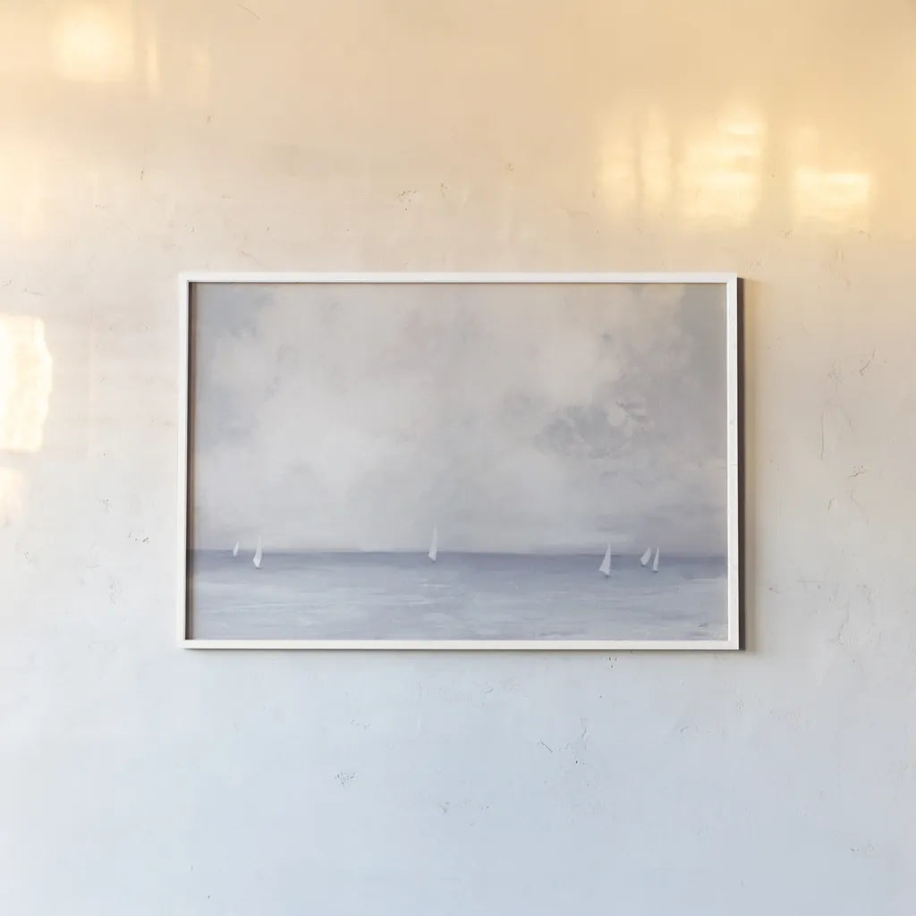Dark Morning Sail by Julia Purinton. shown as a paper print in a white frame. Available as a archival giclee rolled canvas, fine art paper, or poster print. SKU 77144i.