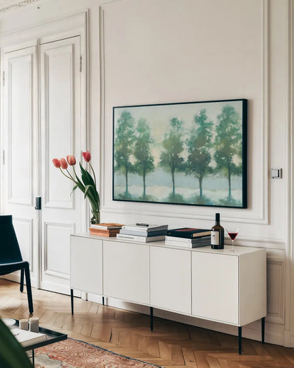 Dawn Processional by Julia Purinton. shown as a framed stretched canvas in a living room above a console. Available as a archival giclee rolled canvas, fine art paper, or poster print. SKU 58285i.