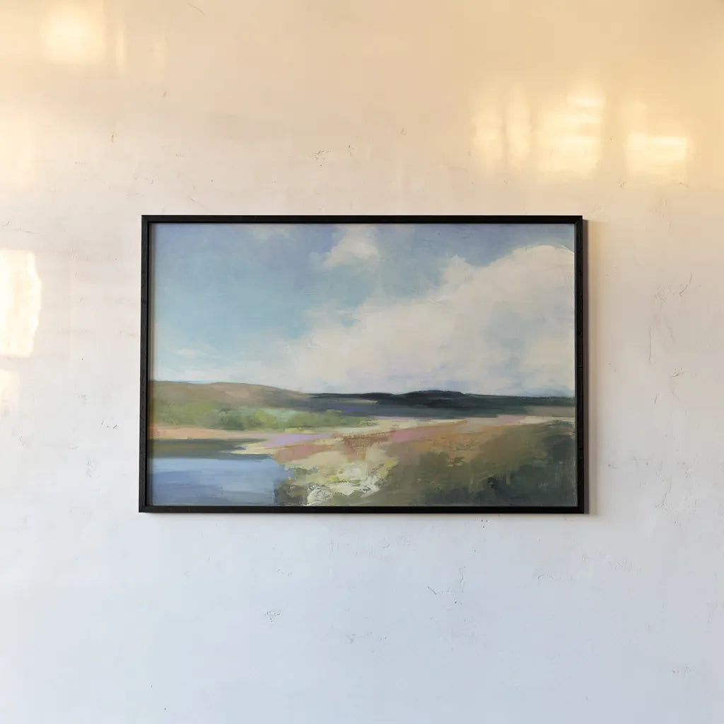 Dawn by the Water by Julia Purinton. shown as a paper print in a black flame. Available as a archival giclee rolled canvas, fine art paper, or poster print. SKU 57175i.