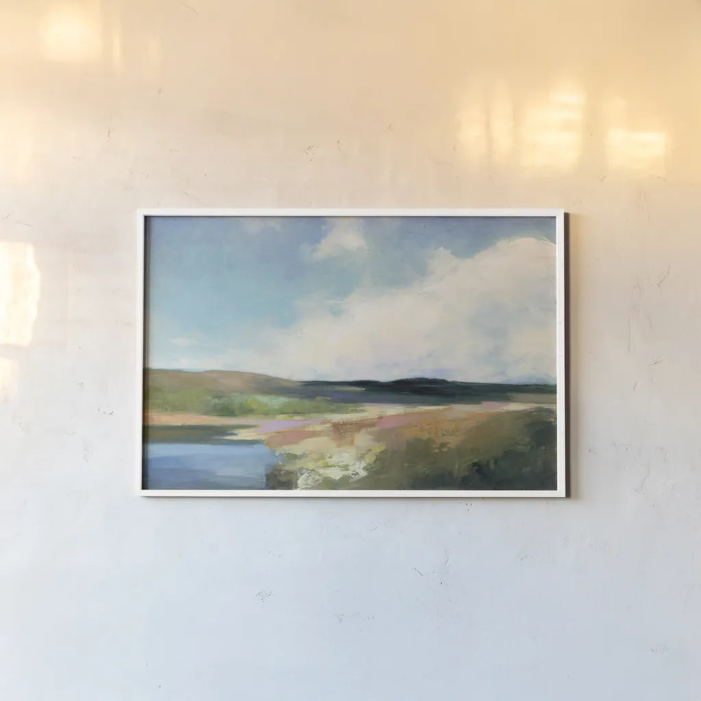 Dawn by the Water by Julia Purinton. shown as a paper print in a white frame. Available as a archival giclee rolled canvas, fine art paper, or poster print. SKU 57175i.