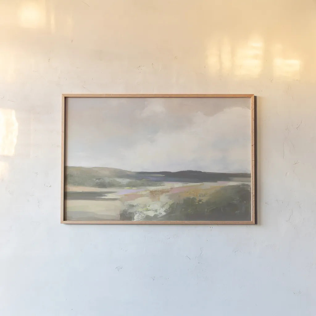 Dawn by the Water Neutral by Julia Purinton. shown as a paper print in a natural frame. Available as a archival giclee rolled canvas, fine art paper, or poster print. SKU 82350i.