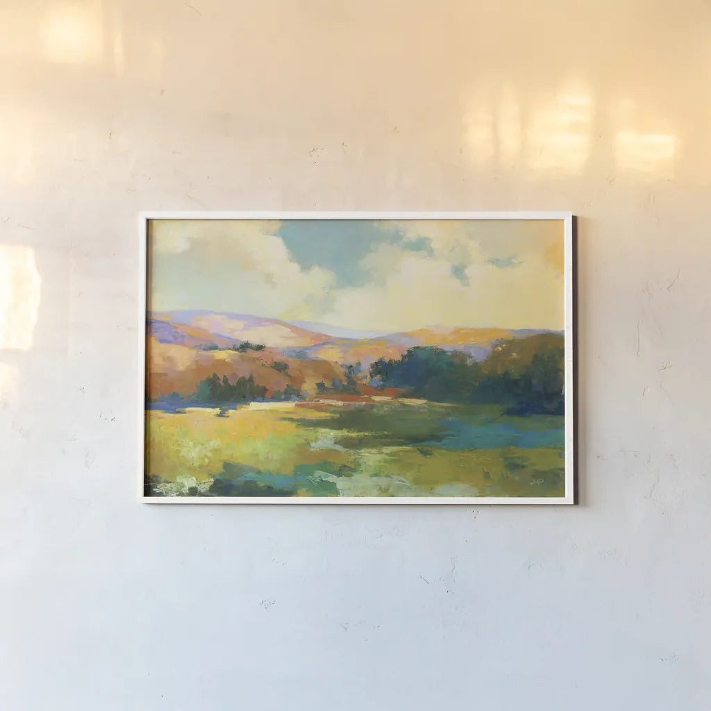 Daybreak Valley Crop by Julia Purinton. shown as a paper print in a white frame. Available as a archival giclee rolled canvas, fine art paper, or poster print. SKU 60423i.