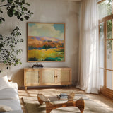 Daybreak Valley II by Julia Purinton. Shown in a natural wood frame in a cozy modern living room. Available as an archival giclee rolled canvas, fine art paper, or poster print. SKU 61139a.