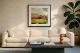 Daybreak Valley II by Julia Purinton. Displayed in a glass frame with matte in a clean modern living room. Available as an archival giclee rolled canvas, fine art paper, or poster print. SKU 61139a.