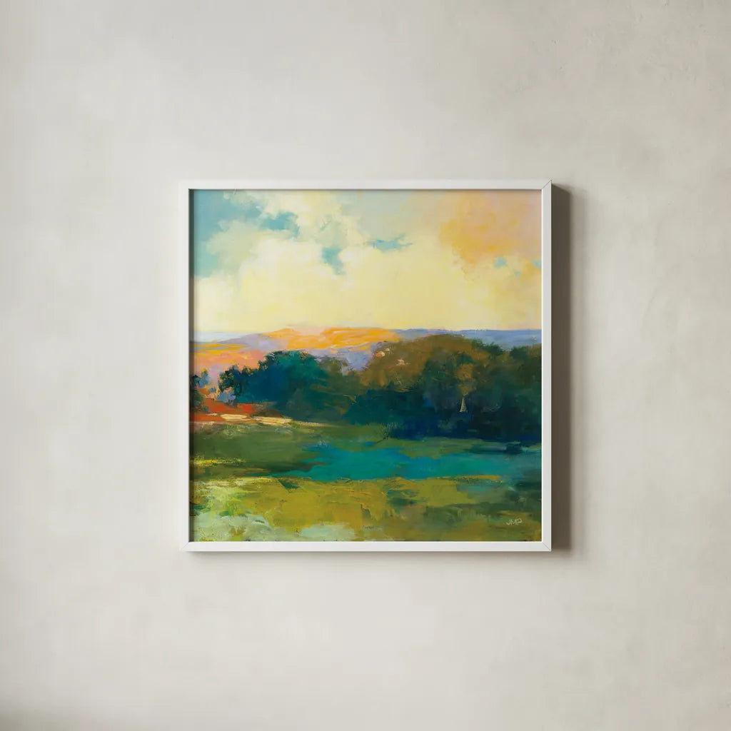 Daybreak Valley III by Julia Purinton. Shown in a crisp white glass frame for a clean and minimalist style. Available as an archival giclee rolled canvas, fine art paper, or poster print. SKU 61140a.
