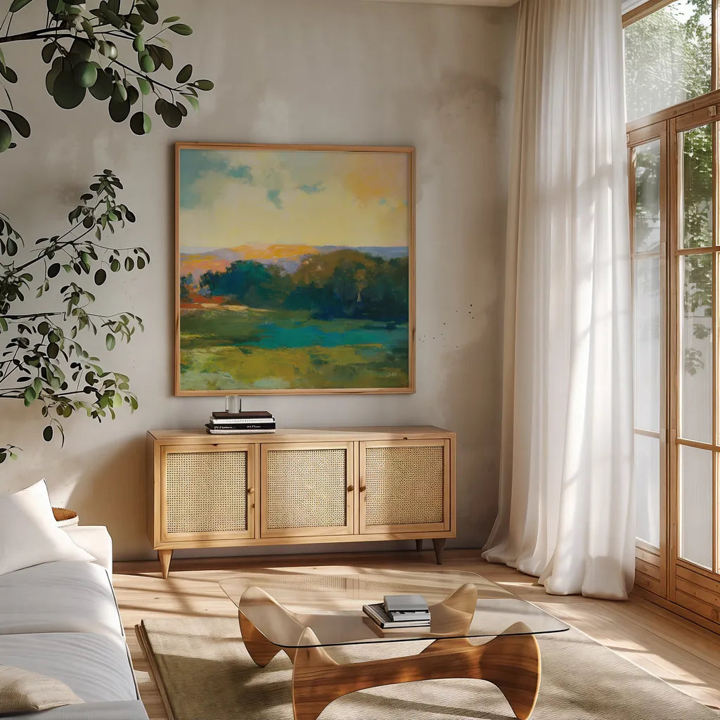 Daybreak Valley III by Julia Purinton. Shown in a natural wood frame in a cozy modern living room. Available as an archival giclee rolled canvas, fine art paper, or poster print. SKU 61140a.