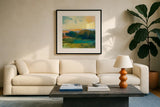 Daybreak Valley III by Julia Purinton. Displayed in a glass frame with matte in a clean modern living room. Available as an archival giclee rolled canvas, fine art paper, or poster print. SKU 61140a.