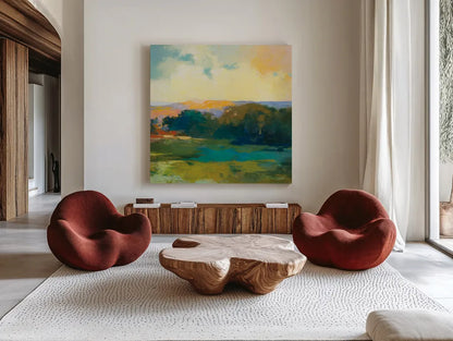 Daybreak Valley III by Julia Purinton. Shown as extra-large giant wall art in a modern living room. Available as an archival giclee rolled canvas, fine art paper, or poster print. SKU 61140a.