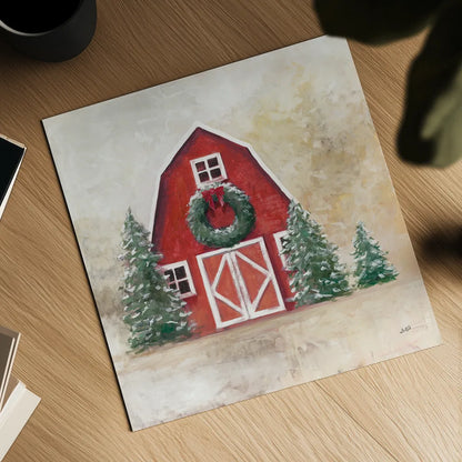 December Barn by Julia Purinton. Shown as a detailed flat fine art print, highlighting archival giclee quality. Available as an archival giclee rolled canvas, fine art paper, or poster print. SKU 75690a.