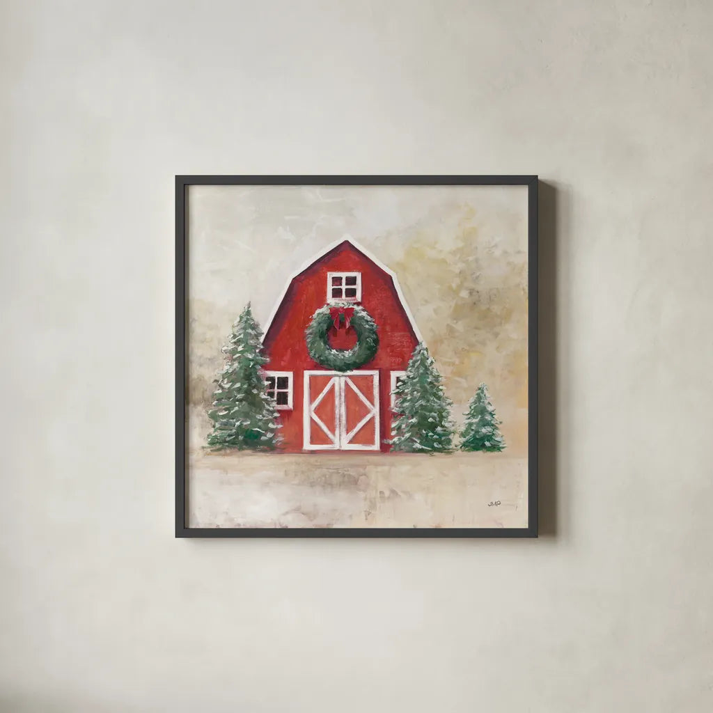 December Barn by Julia Purinton. Shown in a sleek black glass frame for a contemporary gallery look. Available as an archival giclee rolled canvas, fine art paper, or poster print. SKU 75690a.