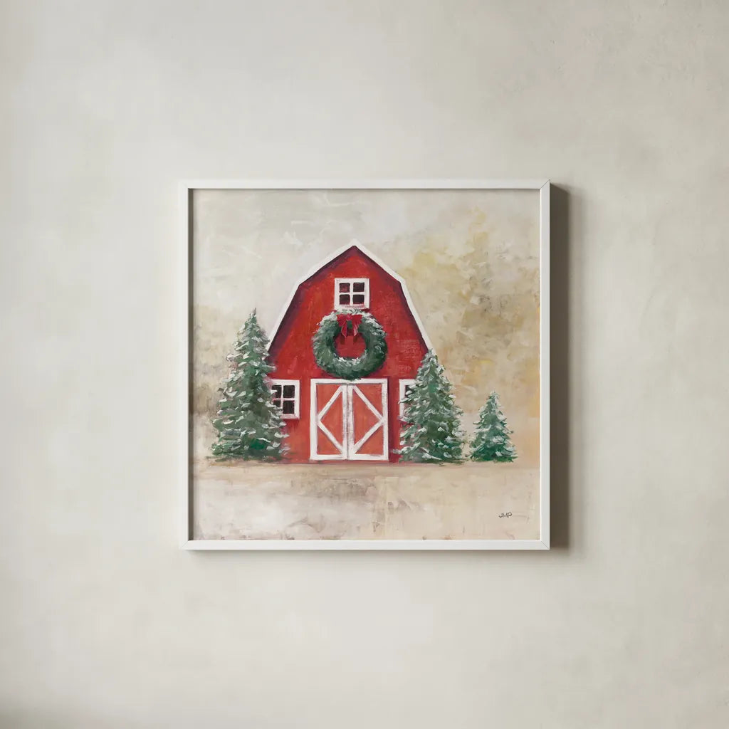 December Barn by Julia Purinton. Shown in a crisp white glass frame for a clean and minimalist style. Available as an archival giclee rolled canvas, fine art paper, or poster print. SKU 75690a.