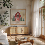 December Barn by Julia Purinton. Shown in a natural wood frame in a cozy modern living room. Available as an archival giclee rolled canvas, fine art paper, or poster print. SKU 75690a.