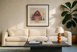 December Barn by Julia Purinton. Displayed in a glass frame with matte in a clean modern living room. Available as an archival giclee rolled canvas, fine art paper, or poster print. SKU 75690a.
