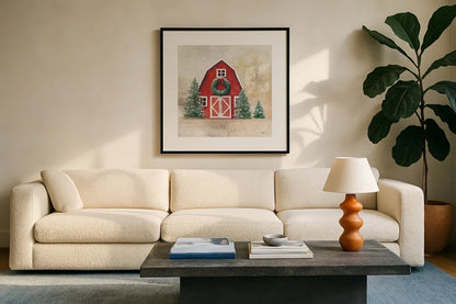 December Barn by Julia Purinton. Displayed in a glass frame with matte in a clean modern living room. Available as an archival giclee rolled canvas, fine art paper, or poster print. SKU 75690a.