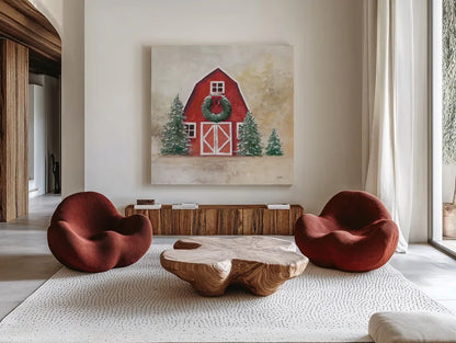 December Barn by Julia Purinton. Shown as extra-large giant wall art in a modern living room. Available as an archival giclee rolled canvas, fine art paper, or poster print. SKU 75690a.