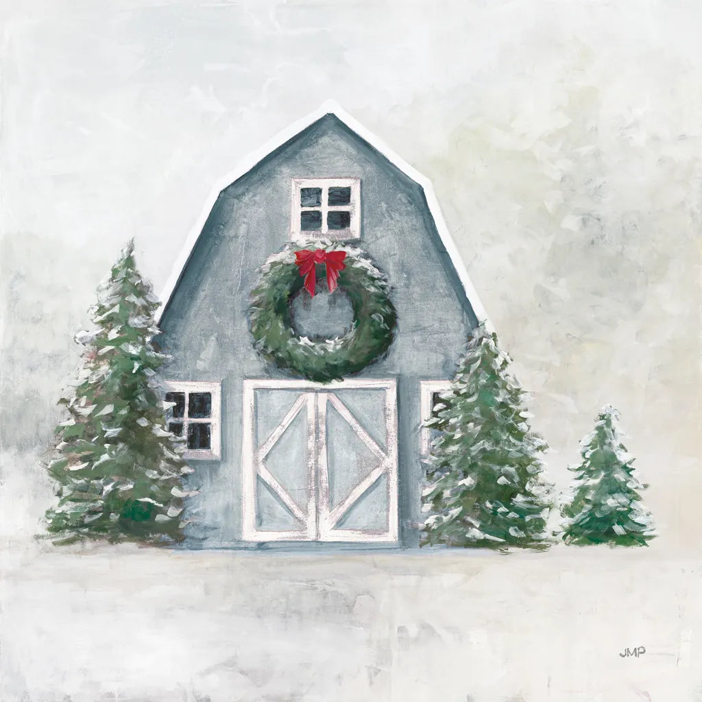 December Blue Barn by Julia Purinton. SKU 79931a. Archival Giclee Fine art print for wall decor.