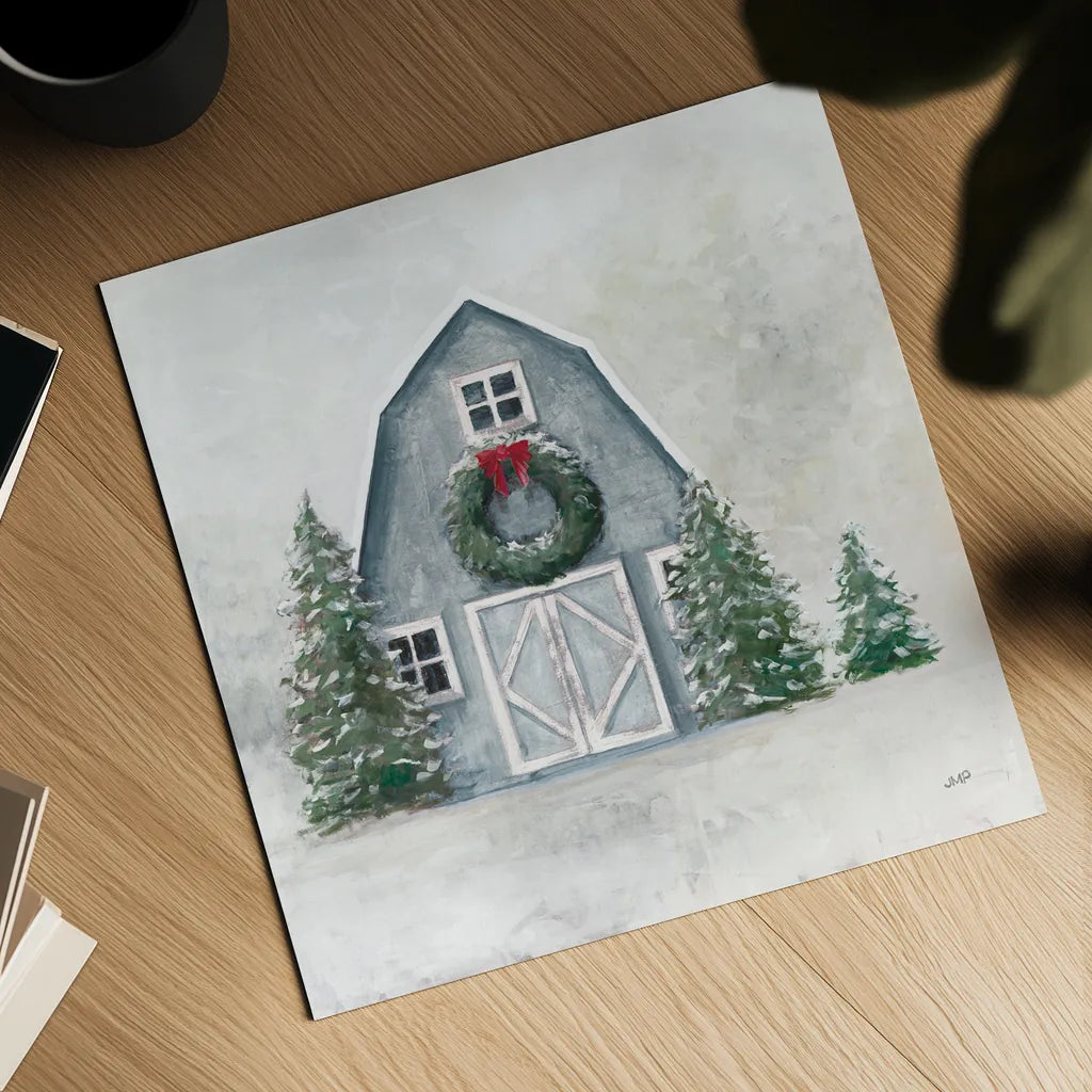 December Blue Barn by Julia Purinton. Shown as a detailed flat fine art print, highlighting archival giclee quality. Available as an archival giclee rolled canvas, fine art paper, or poster print. SKU 79931a.