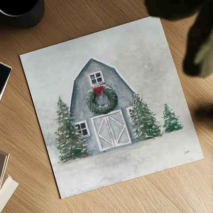 December Blue Barn by Julia Purinton. Shown as a detailed flat fine art print, highlighting archival giclee quality. Available as an archival giclee rolled canvas, fine art paper, or poster print. SKU 79931a.