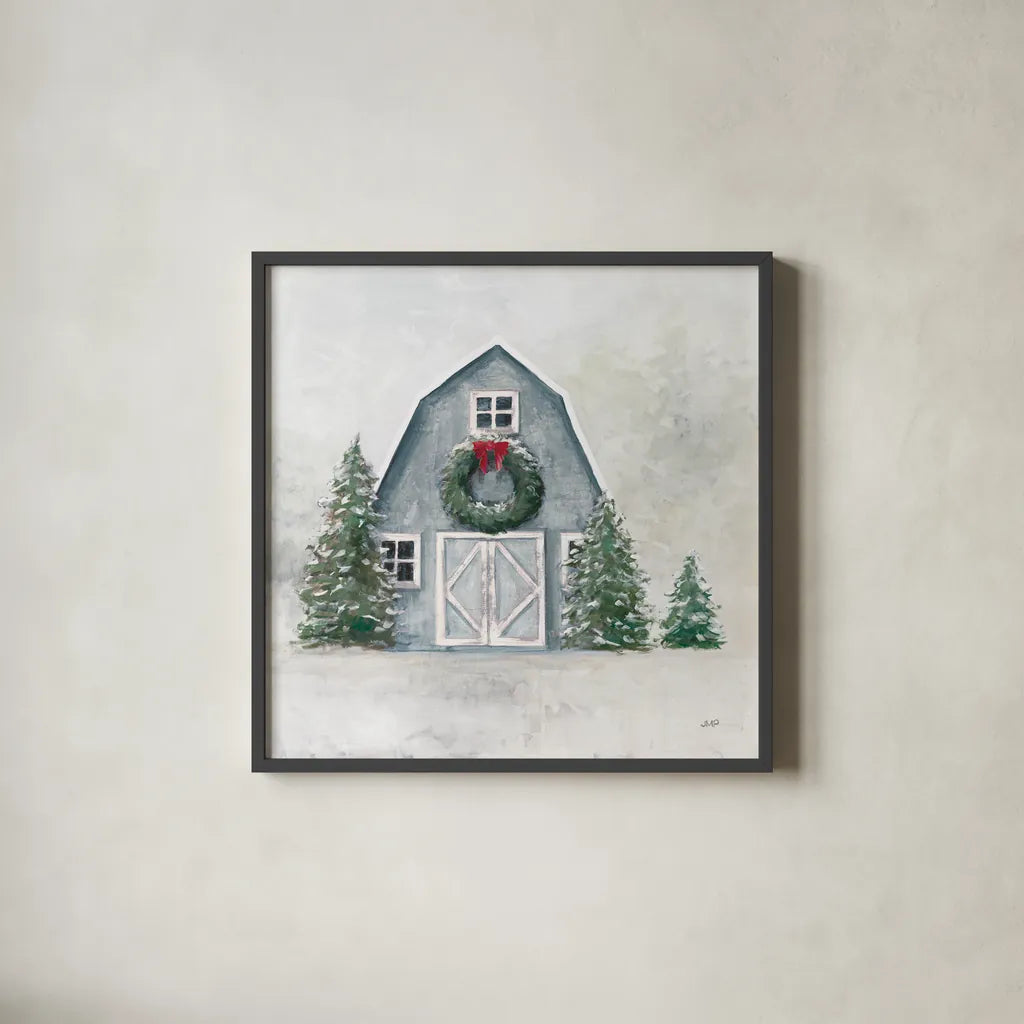 December Blue Barn by Julia Purinton. Shown in a sleek black glass frame for a contemporary gallery look. Available as an archival giclee rolled canvas, fine art paper, or poster print. SKU 79931a.