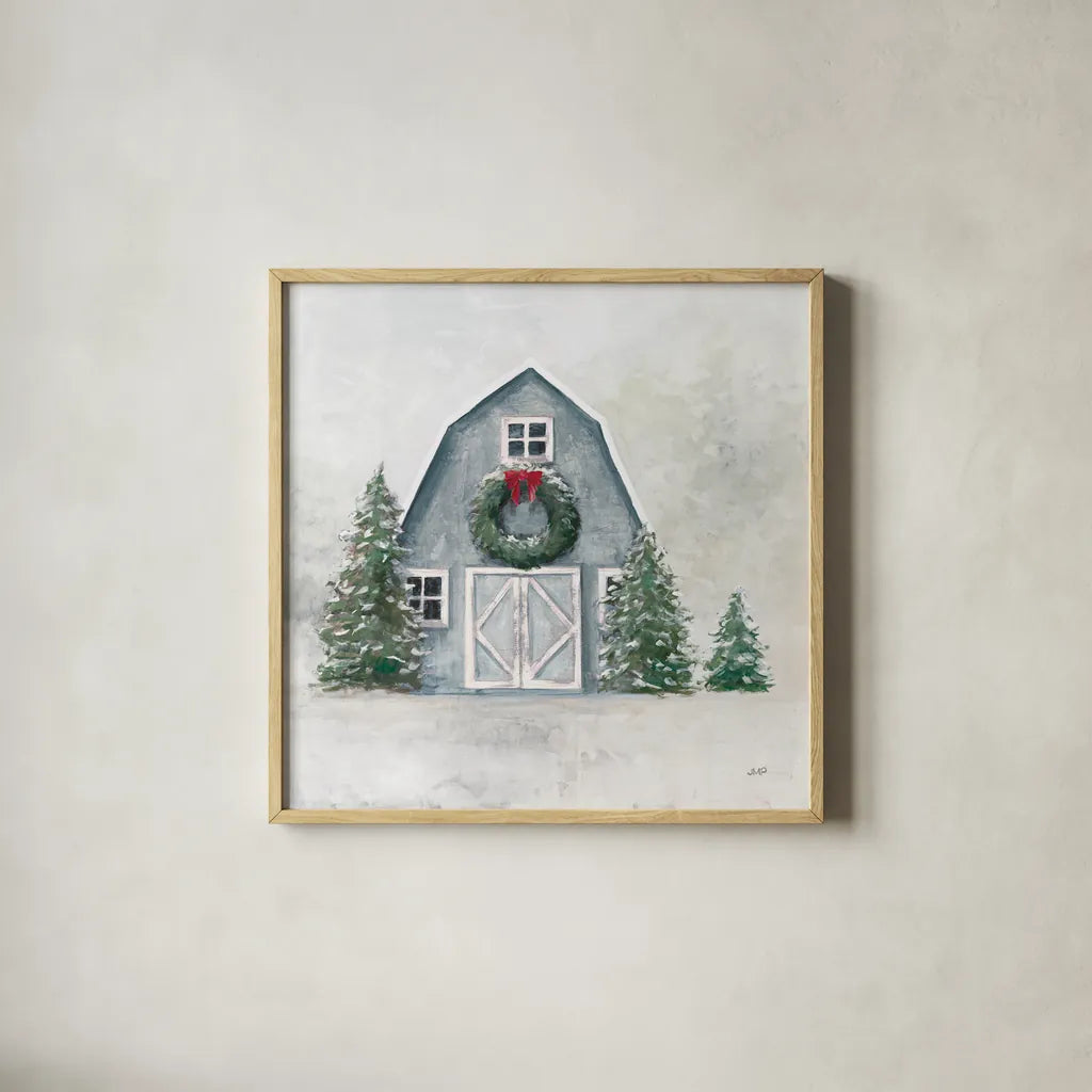 December Blue Barn by Julia Purinton. Shown in a natural wood glass frame for a timeless modern aesthetic. Available as an archival giclee rolled canvas, fine art paper, or poster print. SKU 79931a.