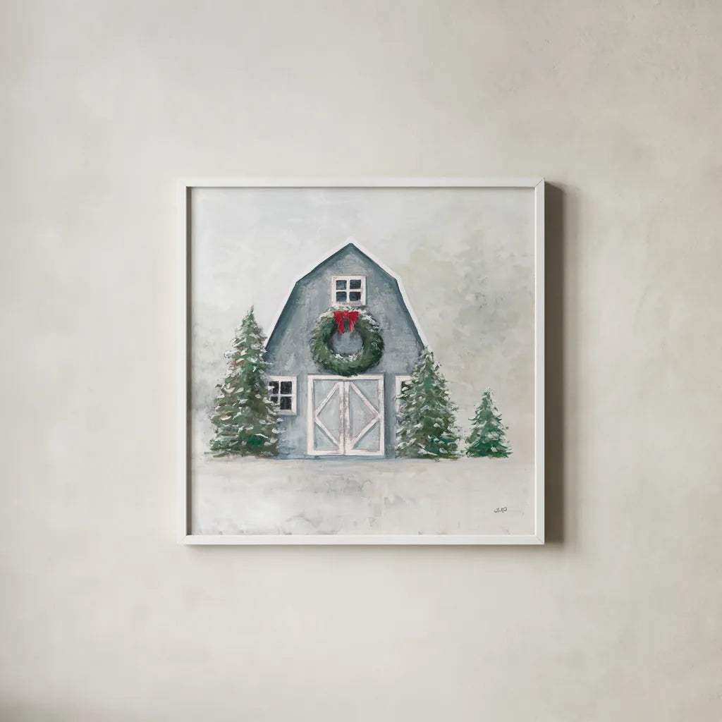 December Blue Barn by Julia Purinton. Shown in a crisp white glass frame for a clean and minimalist style. Available as an archival giclee rolled canvas, fine art paper, or poster print. SKU 79931a.