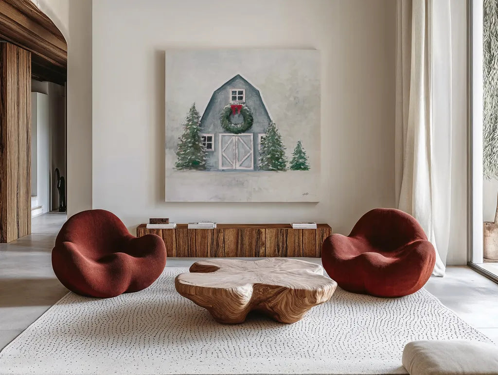 December Blue Barn by Julia Purinton. Shown as extra-large giant wall art in a modern living room. Available as an archival giclee rolled canvas, fine art paper, or poster print. SKU 79931a.